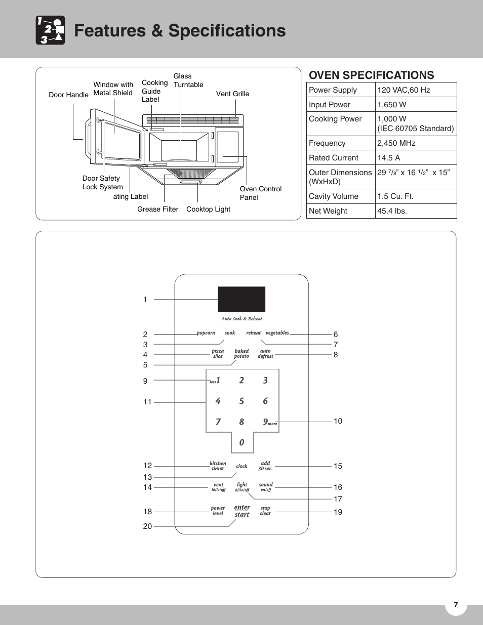 Features & speciﬁcations, Oven specifications | FRIGIDAIRE TMV151F User Manual | Page 7 / 24