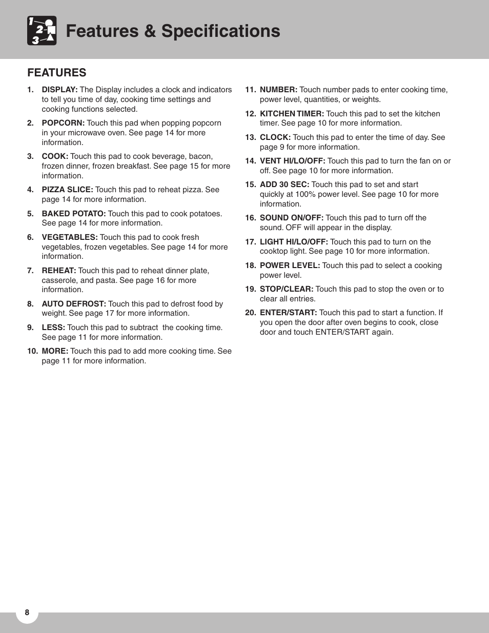 Features & speciﬁcations, Features | FRIGIDAIRE TMV151F User Manual | Page 8 / 24