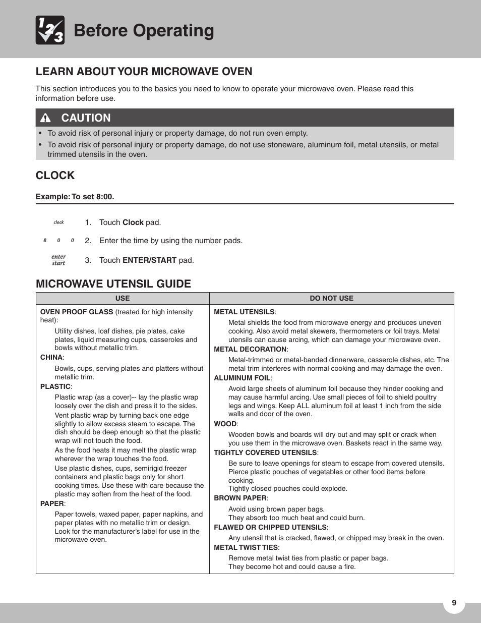 Before operating, Learn about your microwave oven, Caution | Clock, Microwave utensil guide | FRIGIDAIRE TMV151F User Manual | Page 9 / 24