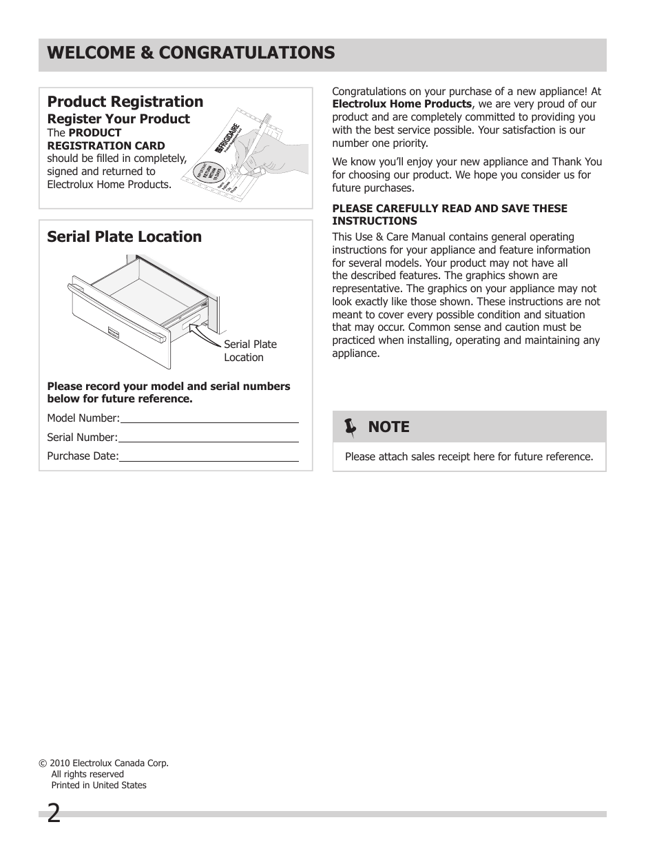 Product registration serial plate location | FRIGIDAIRE 318201024 User Manual | Page 2 / 10