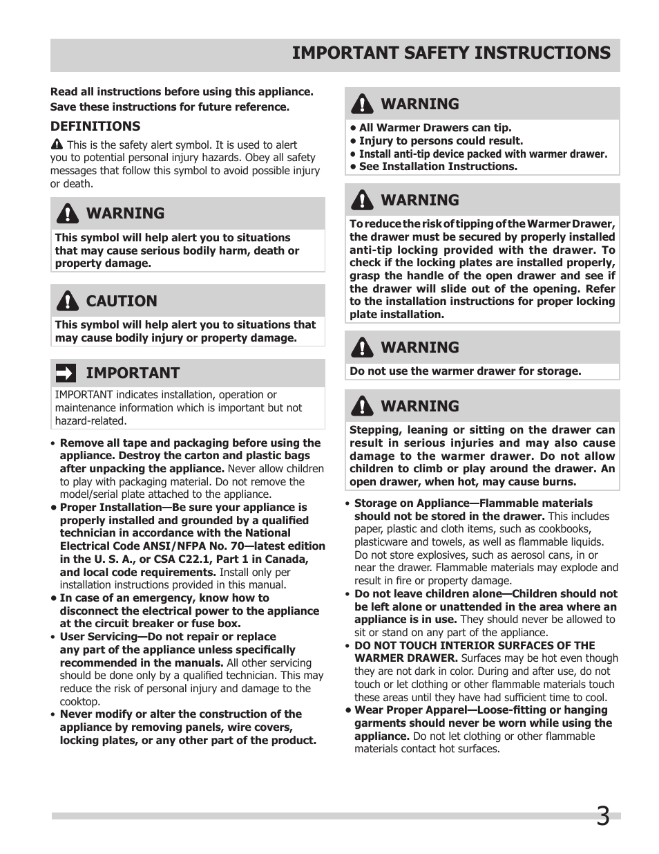 Important safety instructions, Warning, Important | Caution | FRIGIDAIRE 318201024 User Manual | Page 3 / 10