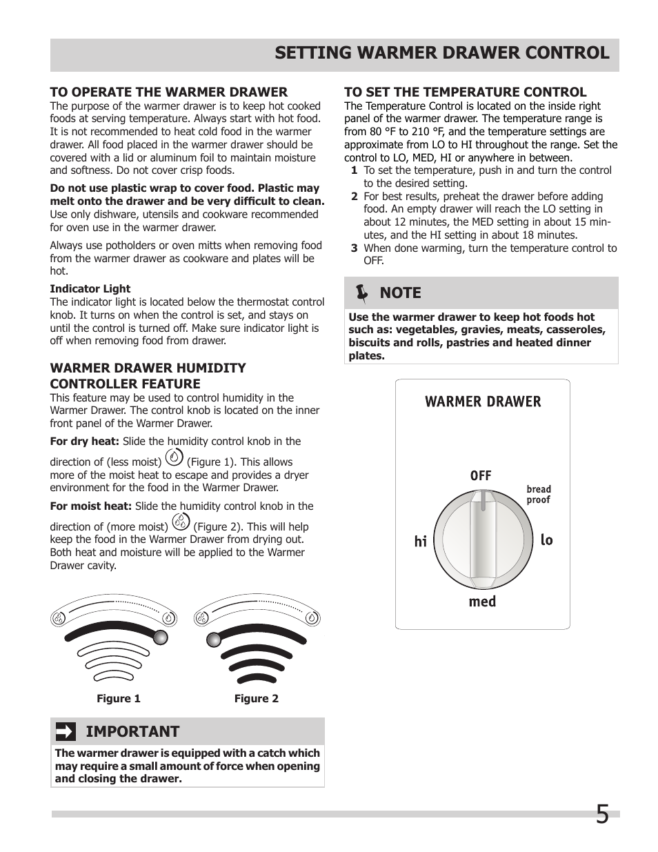Setting warmer drawer control, Important | FRIGIDAIRE 318201024 User Manual | Page 5 / 10