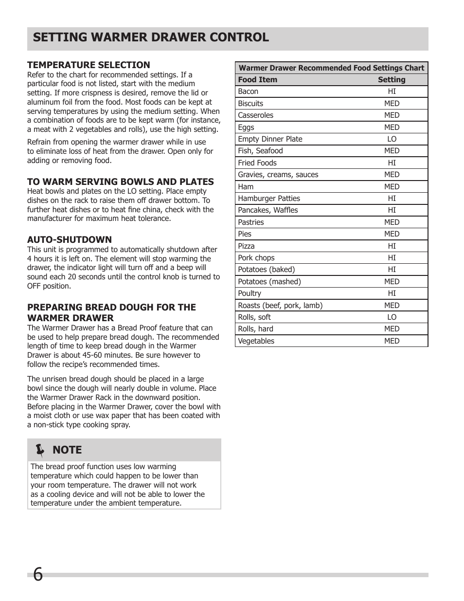 Setting warmer drawer control | FRIGIDAIRE 318201024 User Manual | Page 6 / 10