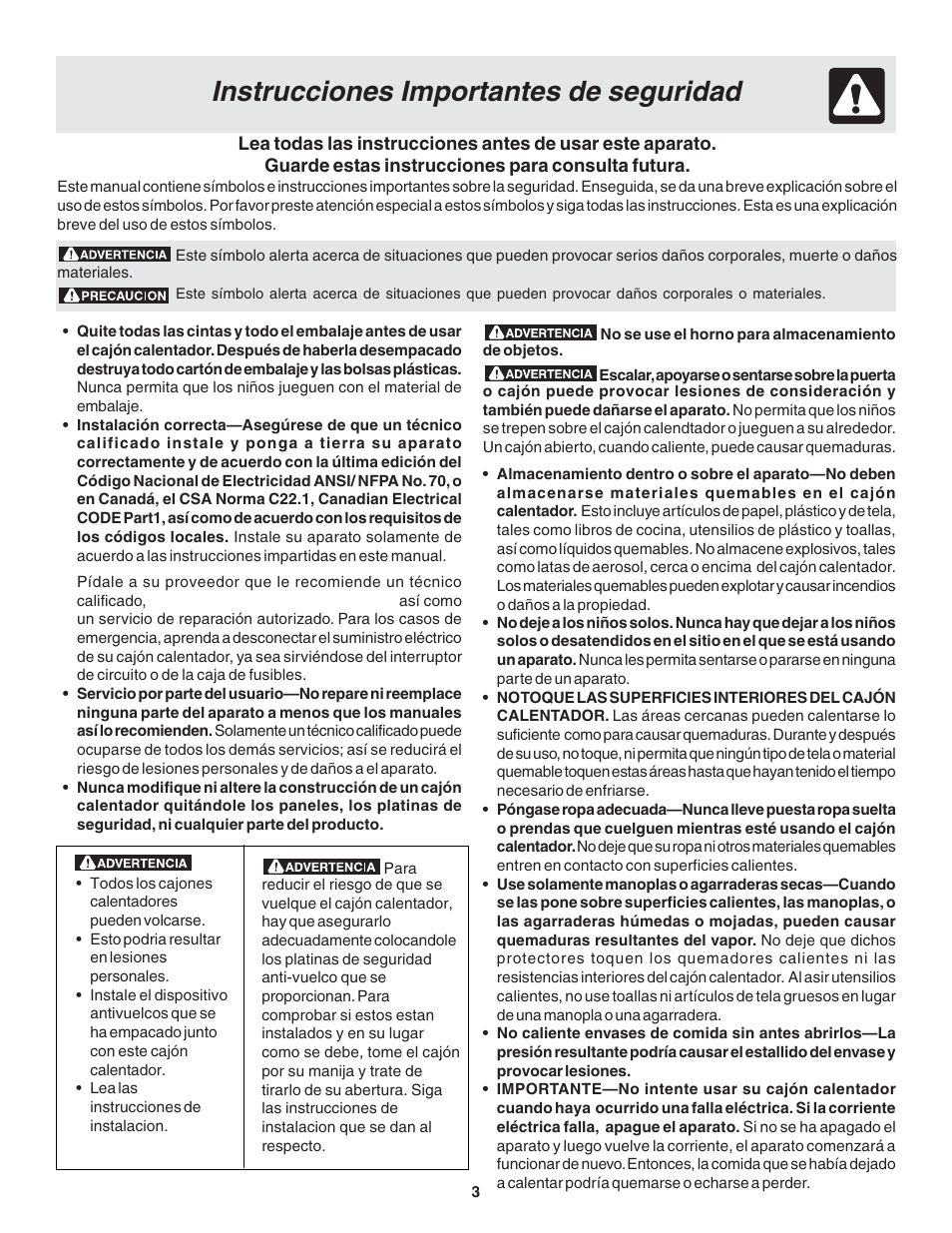 Instrucciones importantes de seguridad | FRIGIDAIRE Warm & Serve Drawer User Manual | Page 11 / 24