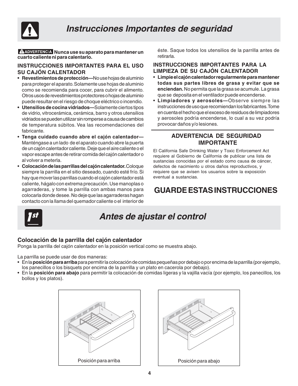 Instrucciones importantes de seguridad, Antes de ajustar el control, Guarde estas instrucciones | FRIGIDAIRE Warm & Serve Drawer User Manual | Page 12 / 24