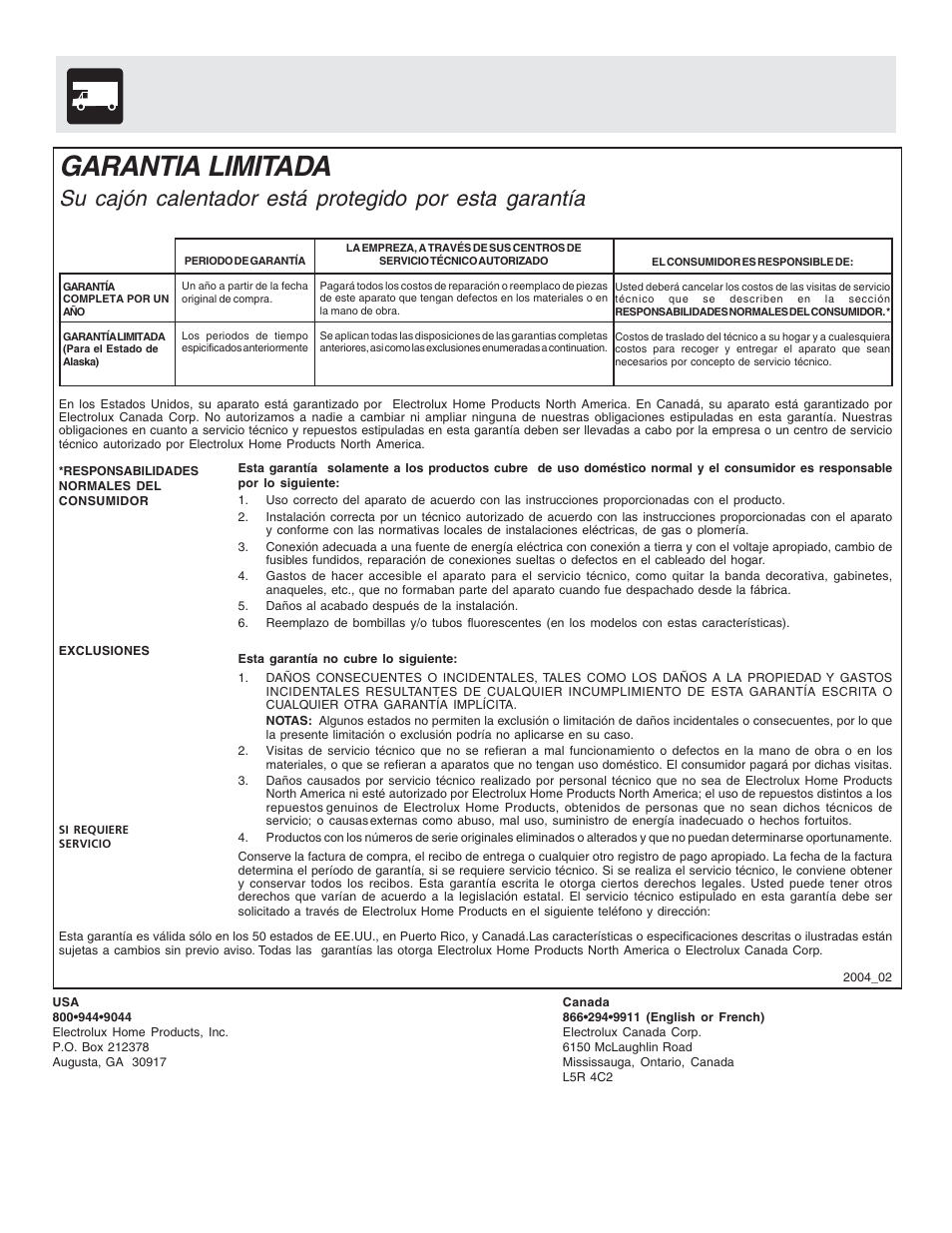 Garantia limitada | FRIGIDAIRE Warm & Serve Drawer User Manual | Page 16 / 24