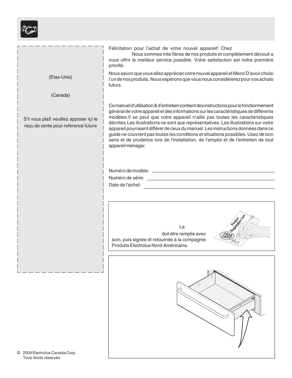 Bienvenue & félicitations, Enregistrement de l'appareil, Emplacement de la plaque de série | FRIGIDAIRE Warm & Serve Drawer User Manual | Page 18 / 24