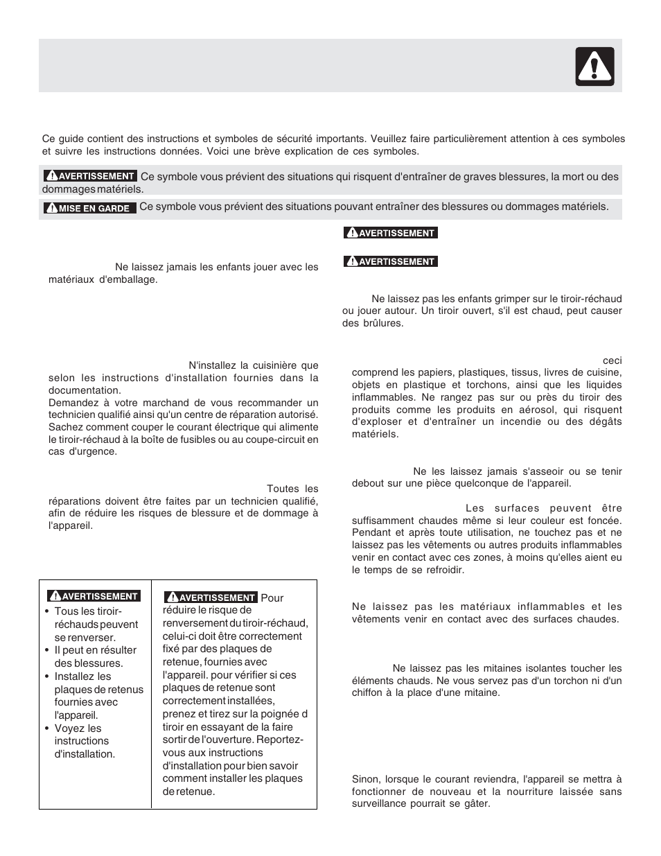Mesures de sécurité importantes | FRIGIDAIRE Warm & Serve Drawer User Manual | Page 19 / 24