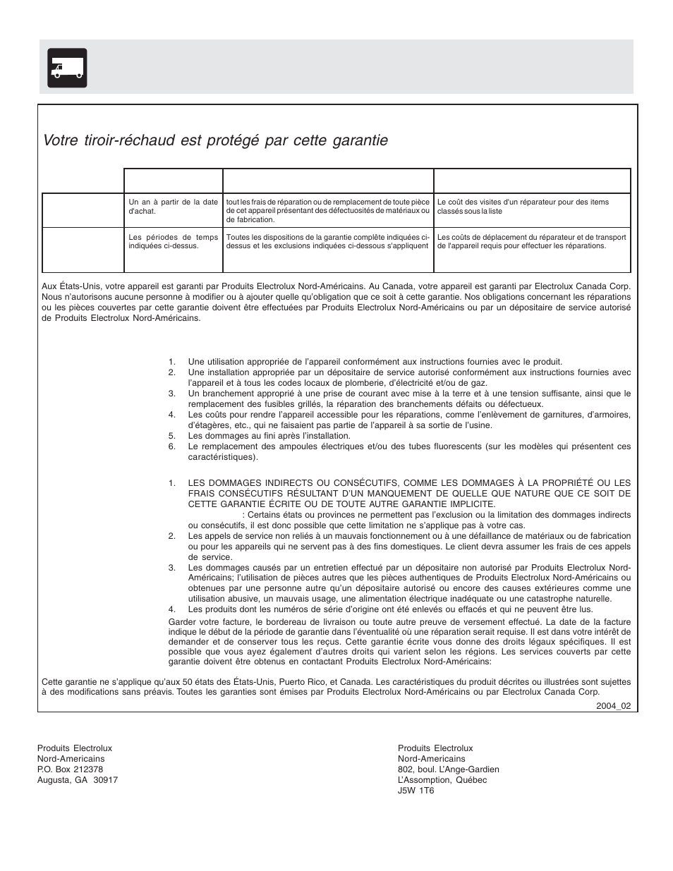 Garantie limitee | FRIGIDAIRE Warm & Serve Drawer User Manual | Page 24 / 24