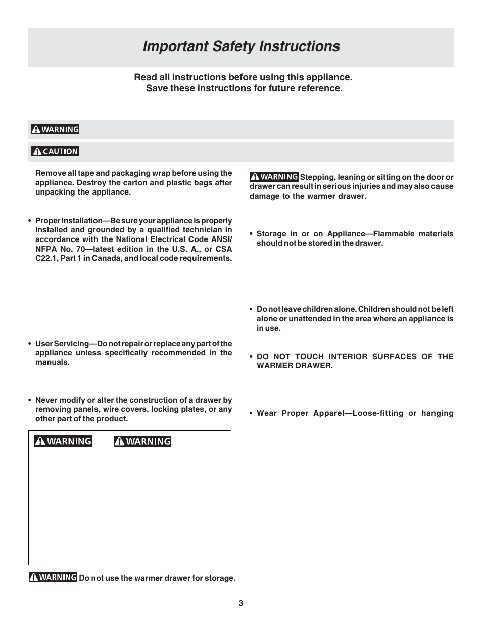 Important safety instructions | FRIGIDAIRE Warm & Serve Drawer User Manual | Page 3 / 24