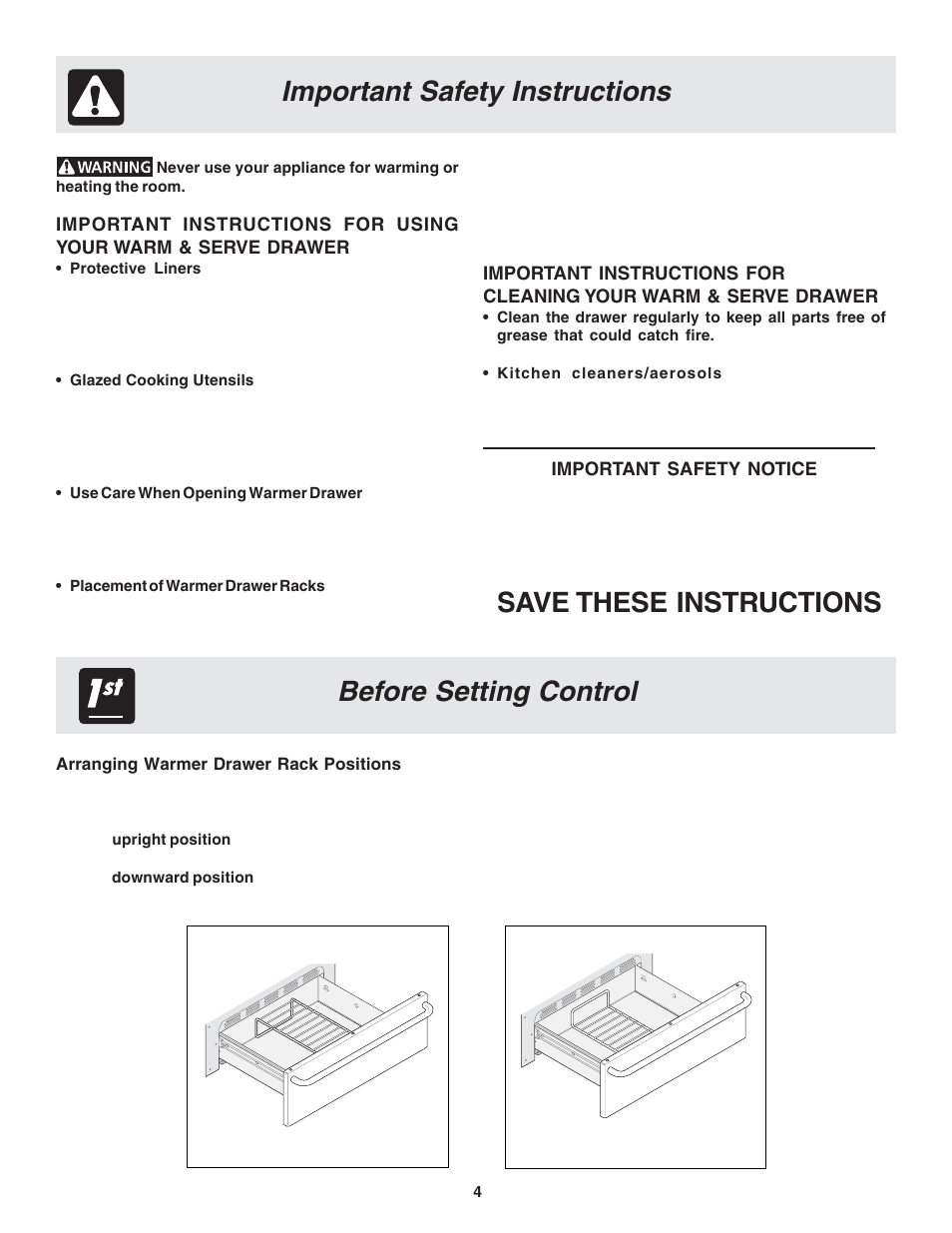 Important safety instructions, Before setting control save these instructions | FRIGIDAIRE Warm & Serve Drawer User Manual | Page 4 / 24