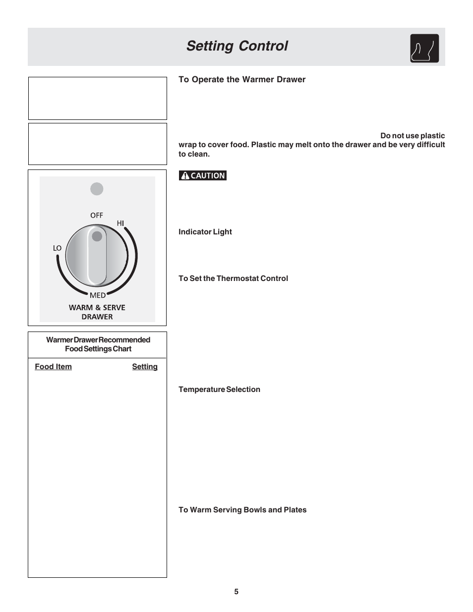 Setting control | FRIGIDAIRE Warm & Serve Drawer User Manual | Page 5 / 24