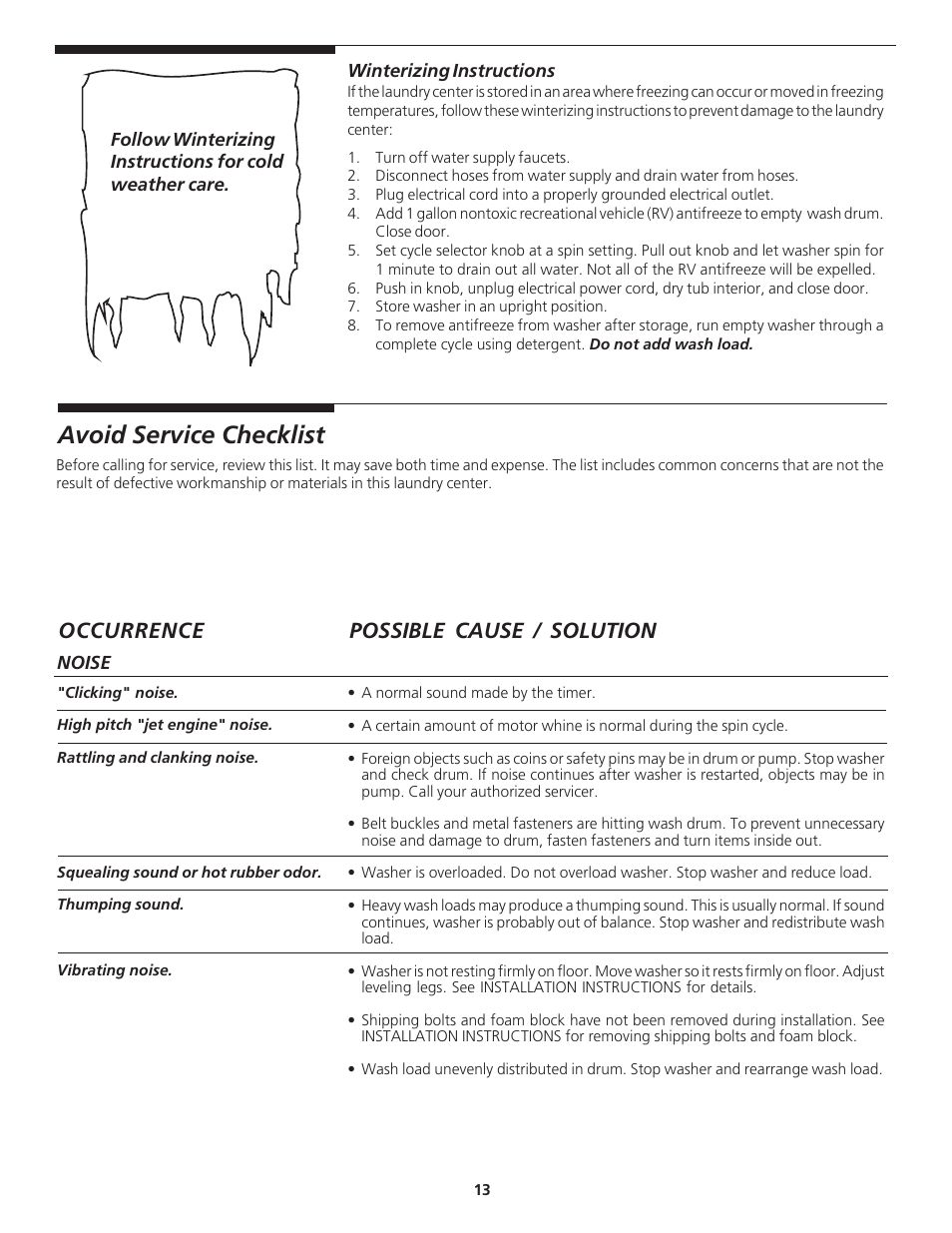 Avoid service checklist, Possible cause / solution occurrence | FRIGIDAIRE 134889200 User Manual | Page 13 / 16