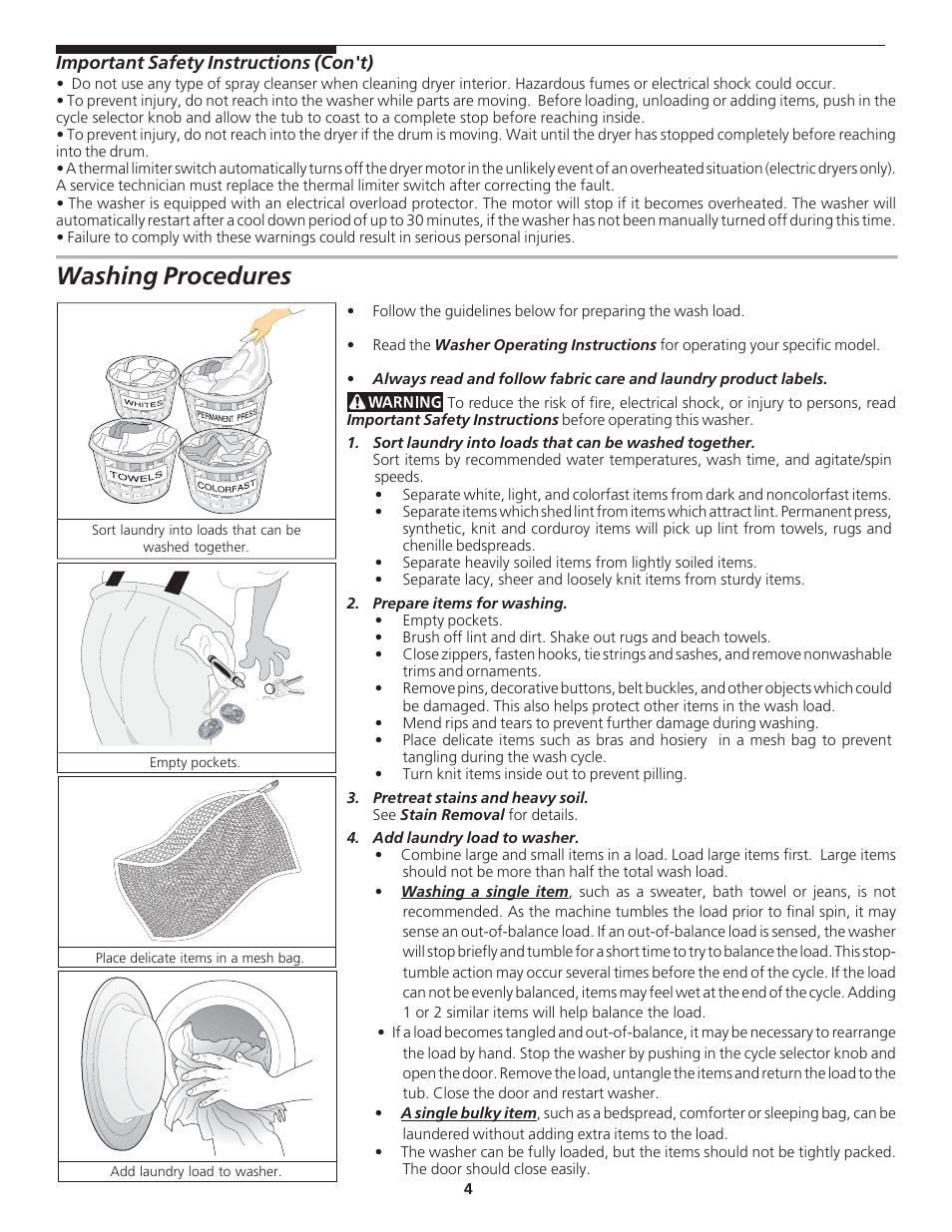 Washing procedures | FRIGIDAIRE 134889200 User Manual | Page 4 / 16