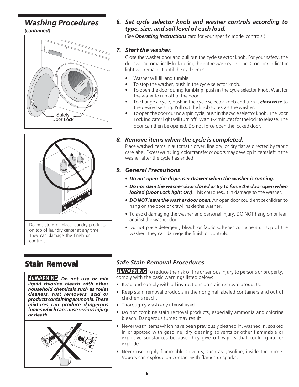 Washing procedures, Stain removal | FRIGIDAIRE 134889200 User Manual | Page 6 / 16