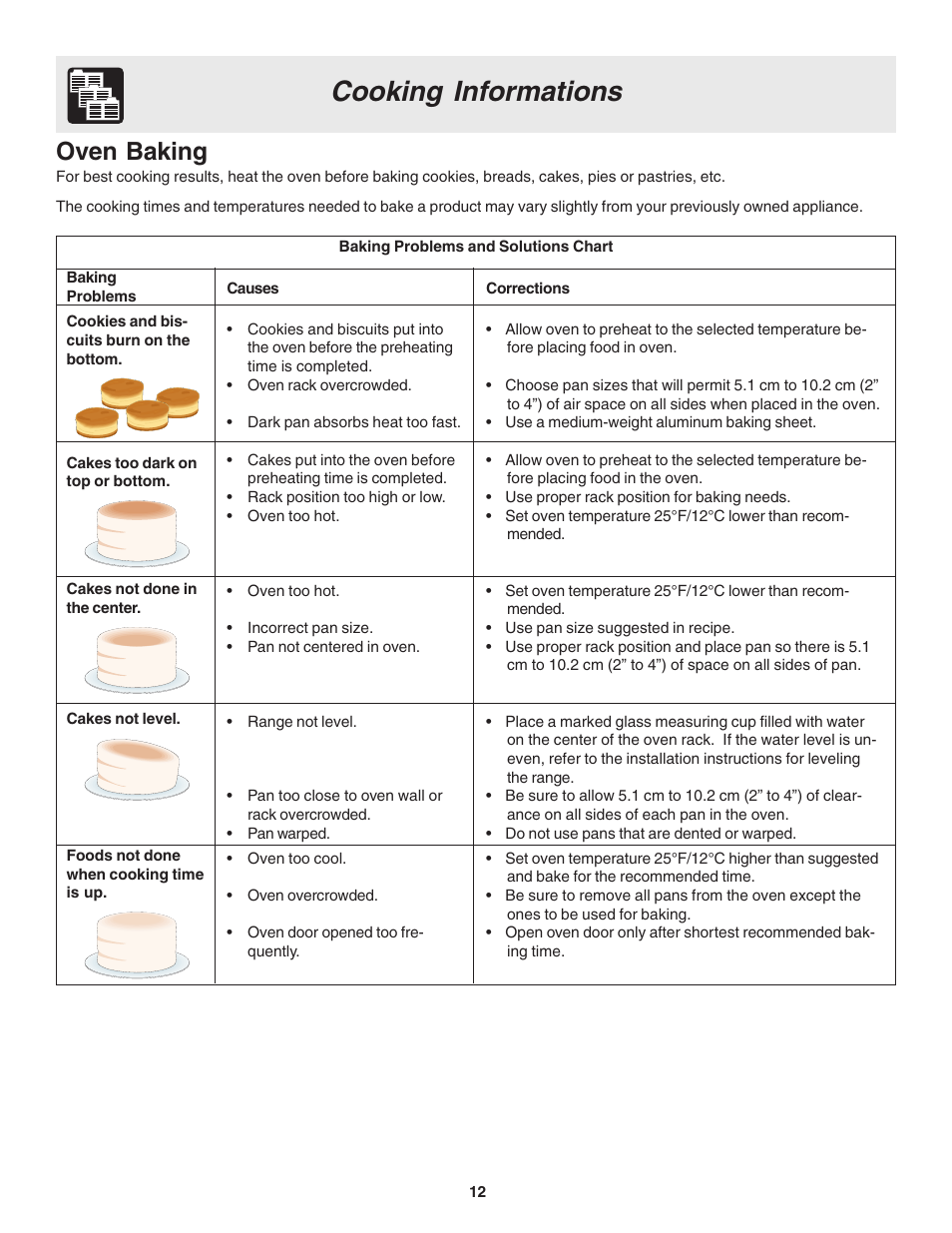 Cooking informations, Oven baking | FRIGIDAIRE 318203857 User Manual | Page 12 / 20