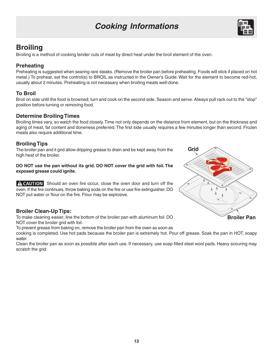 Cooking informations, Broiling | FRIGIDAIRE 318203857 User Manual | Page 13 / 20