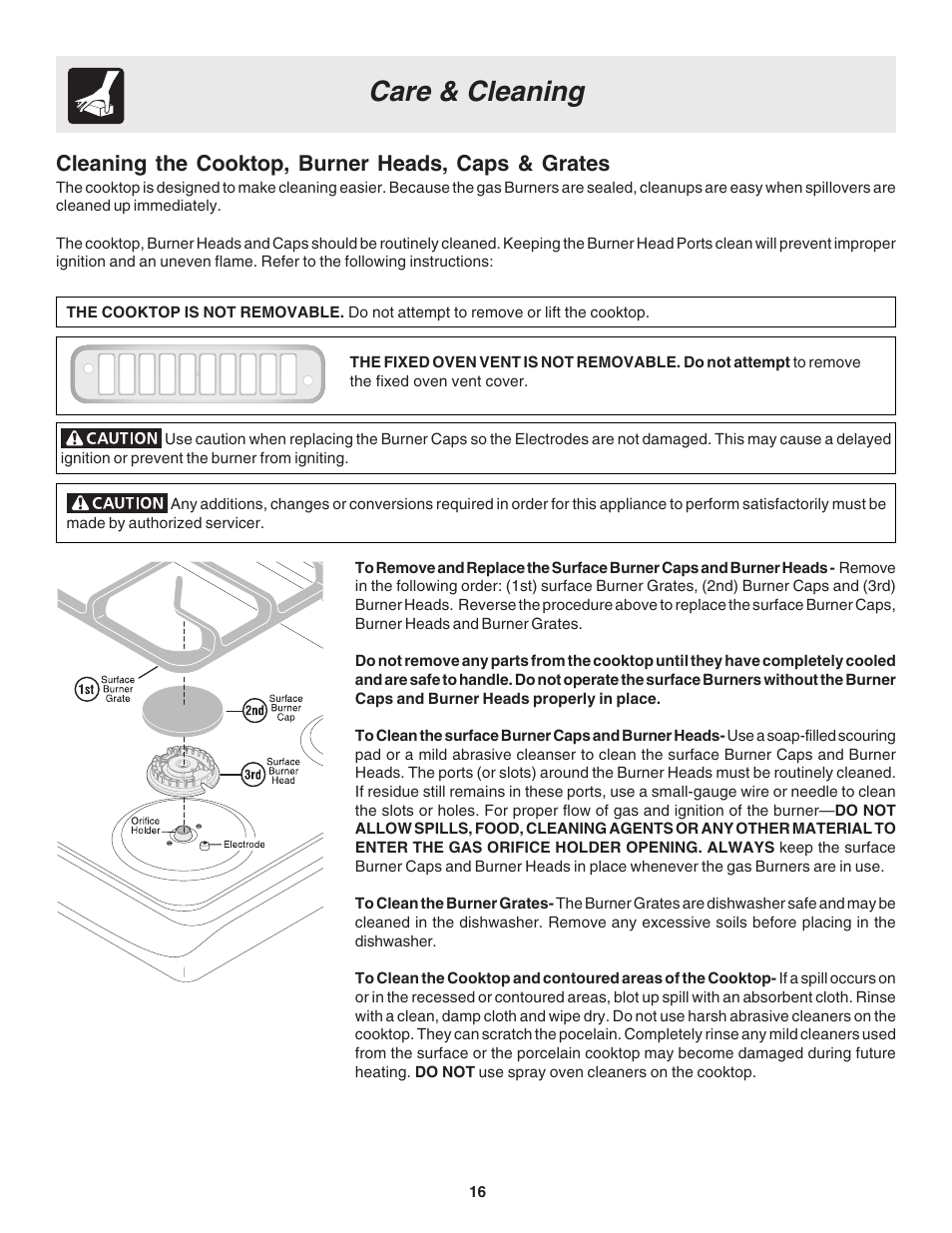 Care & cleaning, Cleaning the cooktop, burner heads, caps & grates | FRIGIDAIRE 318203857 User Manual | Page 16 / 20