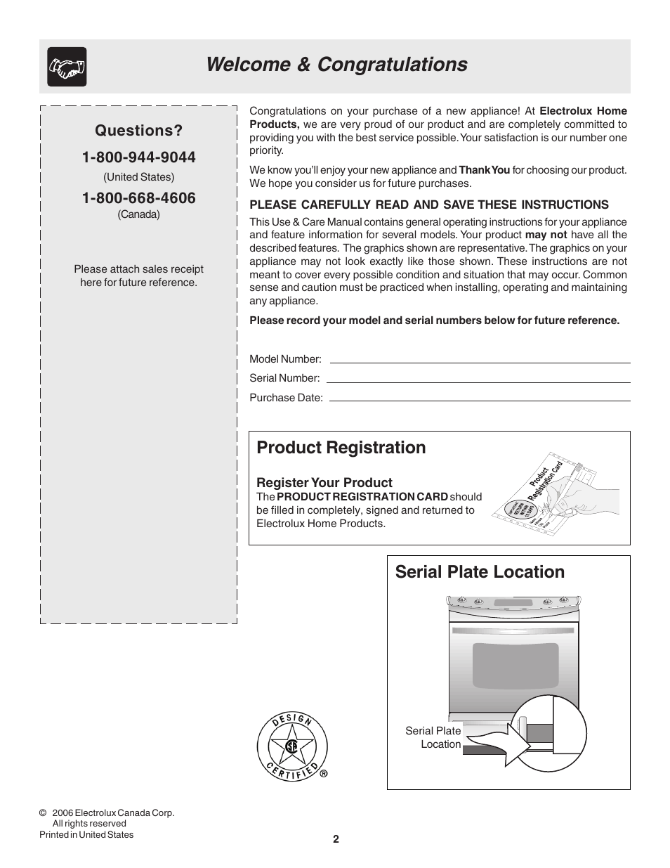 Product registration, Serial plate location | FRIGIDAIRE 318203857 User Manual | Page 2 / 20