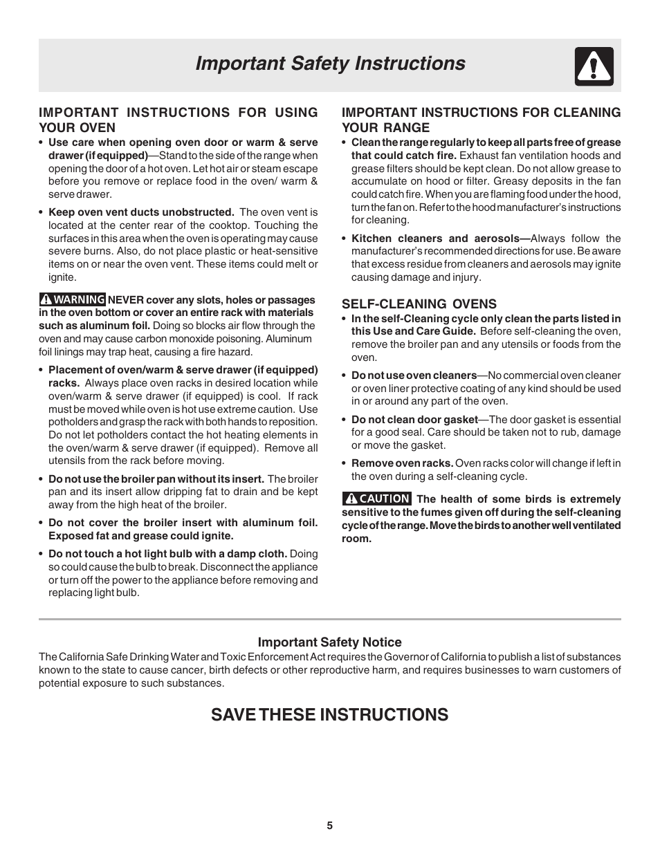 Important safety instructions, Save these instructions | FRIGIDAIRE 318203857 User Manual | Page 5 / 20