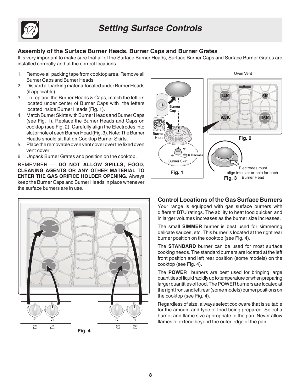 Setting surface controls, Control locations of the gas surface burners | FRIGIDAIRE 318203857 User Manual | Page 8 / 20