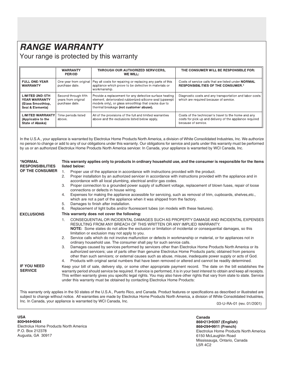 Range warranty, Your range is protected by this warranty | FRIGIDAIRE 316135921 User Manual | Page 16 / 16