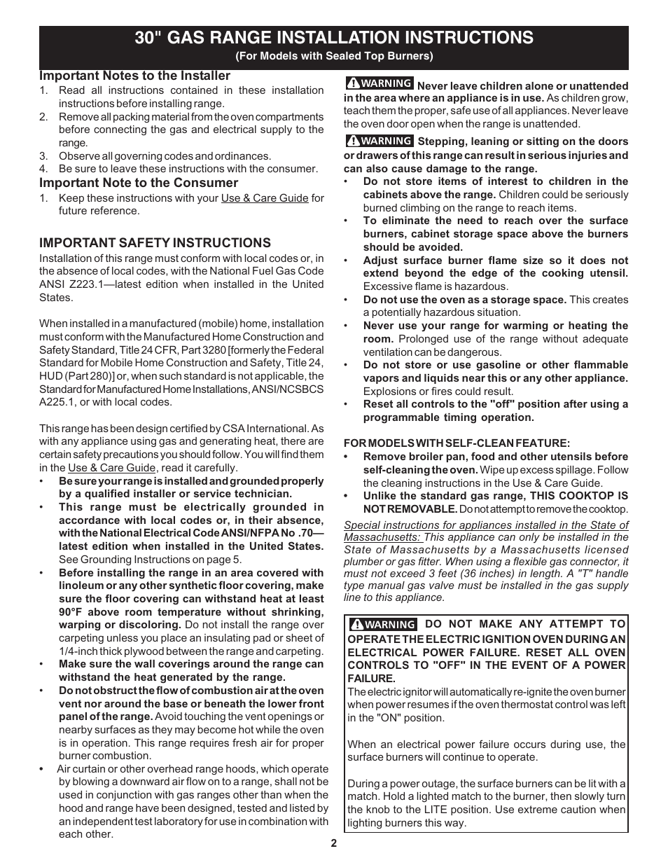 30" gas range installation instructions | FRIGIDAIRE 316259359 User Manual | Page 2 / 8