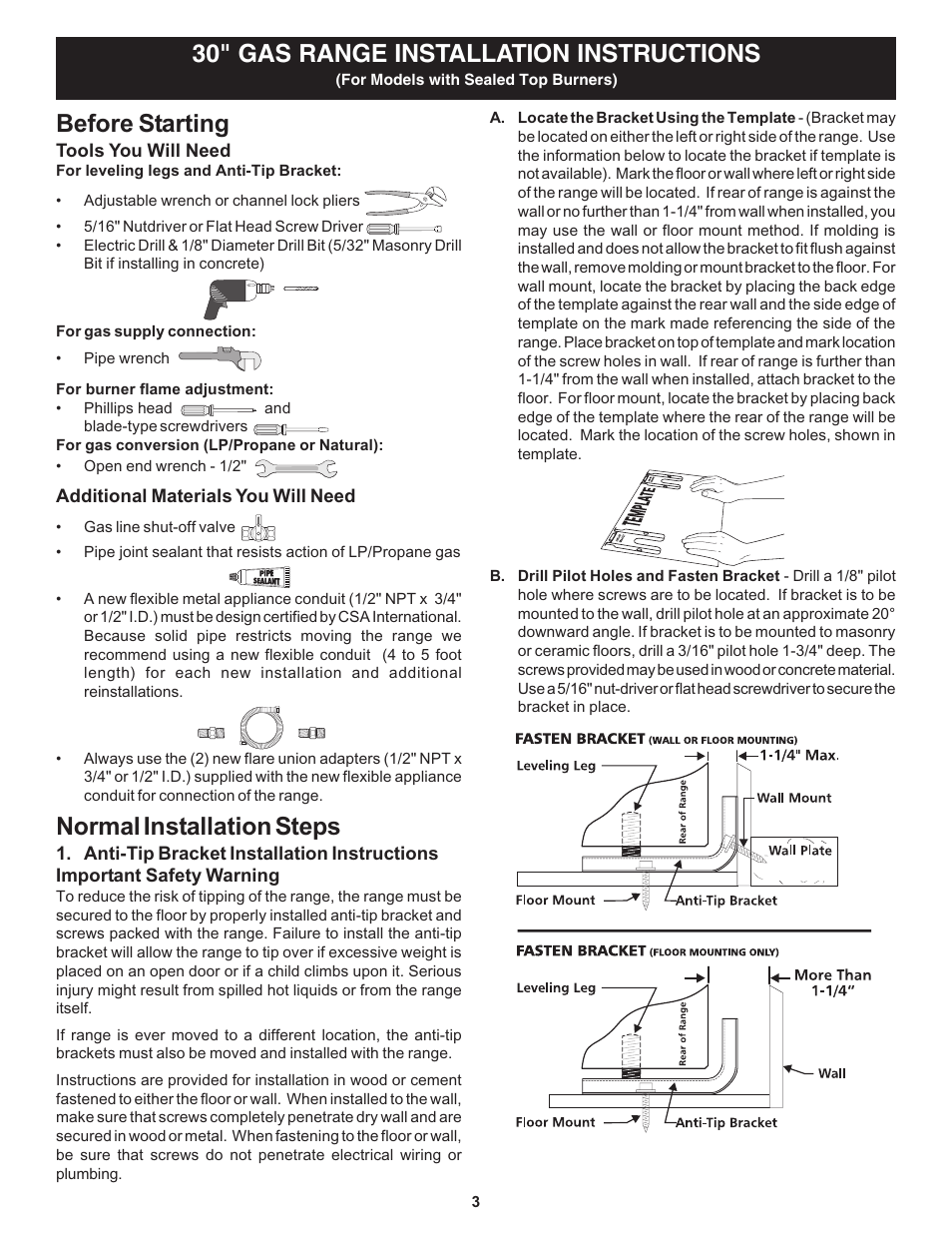 Before starting, Normal installation steps, 30" gas range installation instructions | FRIGIDAIRE 316259359 User Manual | Page 3 / 8