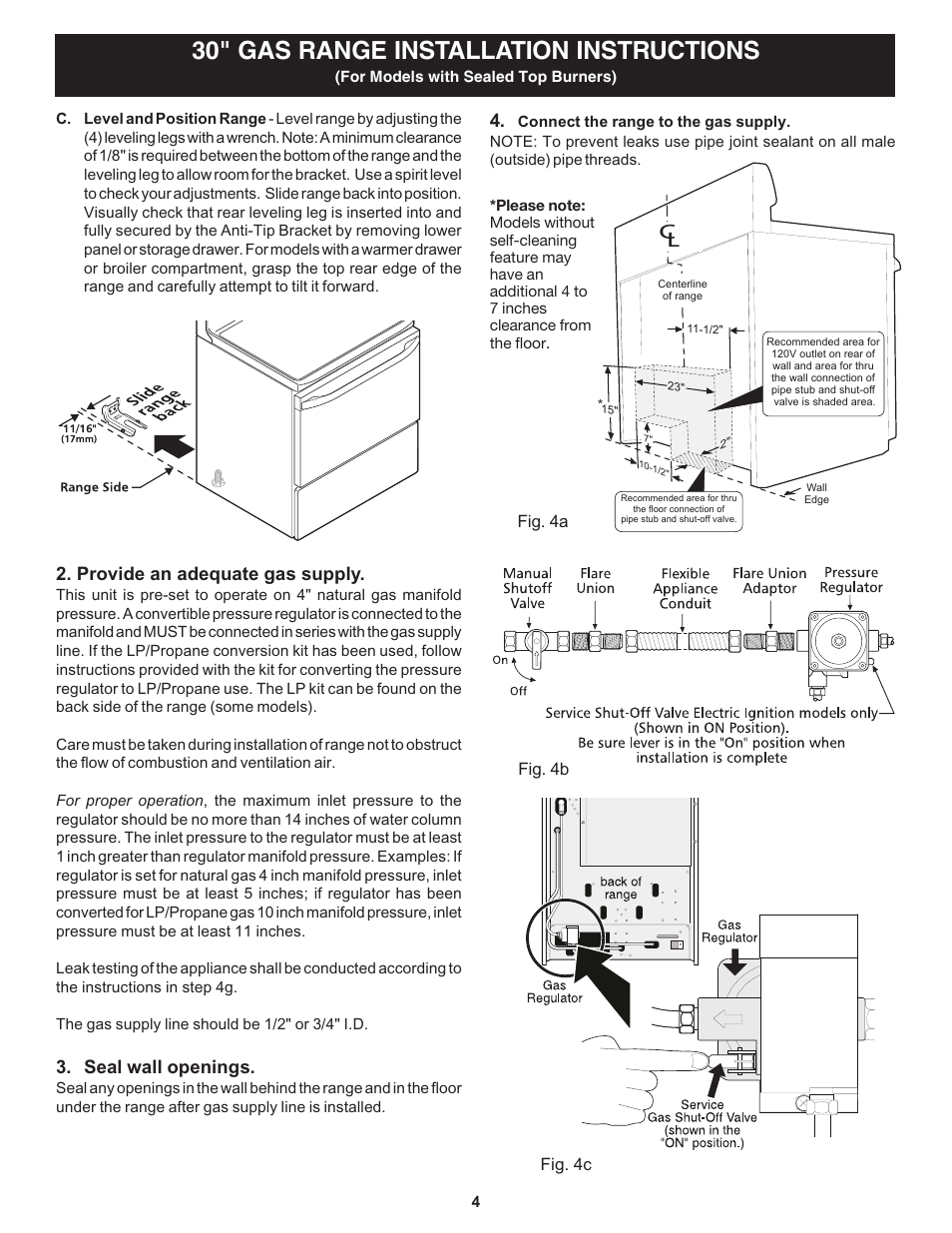 30" gas range installation instructions, Provide an adequate gas supply, Seal wall openings | Fig. 4a fig. 4b fig. 4c | FRIGIDAIRE 316259359 User Manual | Page 4 / 8