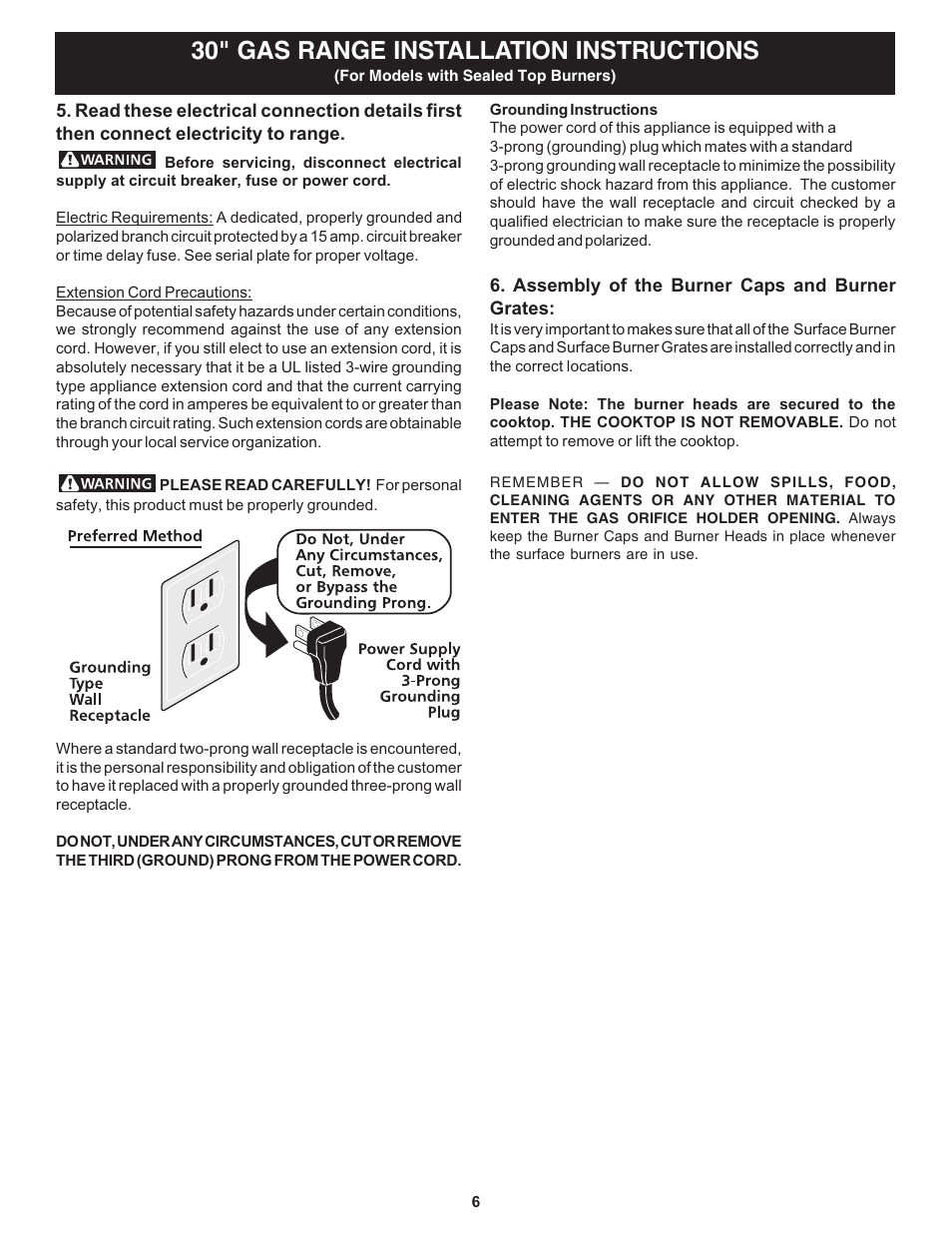30" gas range installation instructions | FRIGIDAIRE 316259359 User Manual | Page 6 / 8