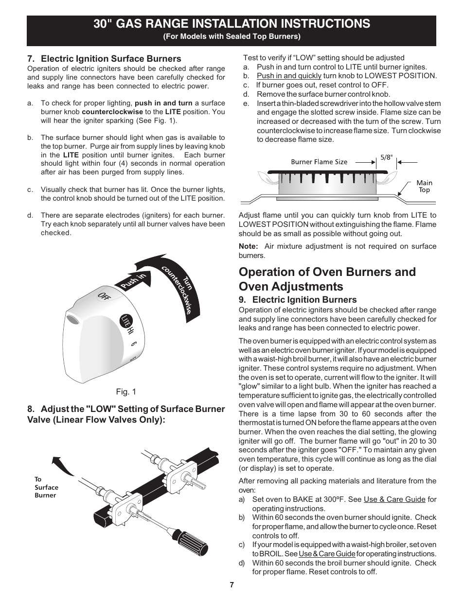 Operation of oven burners and oven adjustments, 30" gas range installation instructions | FRIGIDAIRE 316259359 User Manual | Page 7 / 8