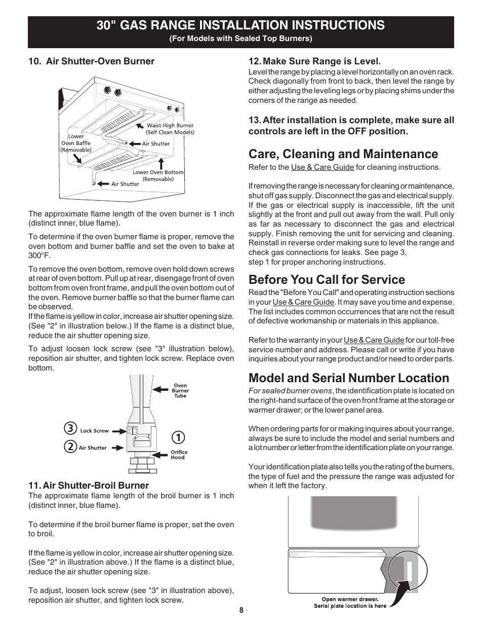 Before you call for service, 30" gas range installation instructions, Care, cleaning and maintenance | Model and serial number location | FRIGIDAIRE 316259359 User Manual | Page 8 / 8