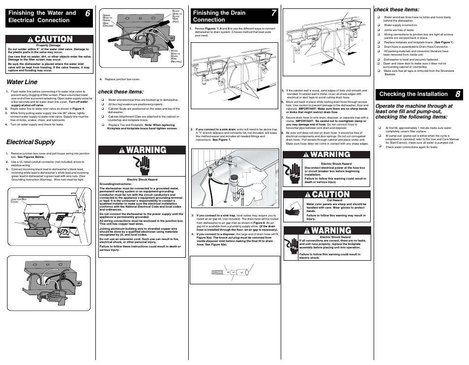 Water line, Electrical supply, Checking the installation | Finishing the drain connection, Finishing the water and electrical connection, Check these items | FRIGIDAIRE 675000800908 User Manual | Page 2 / 2