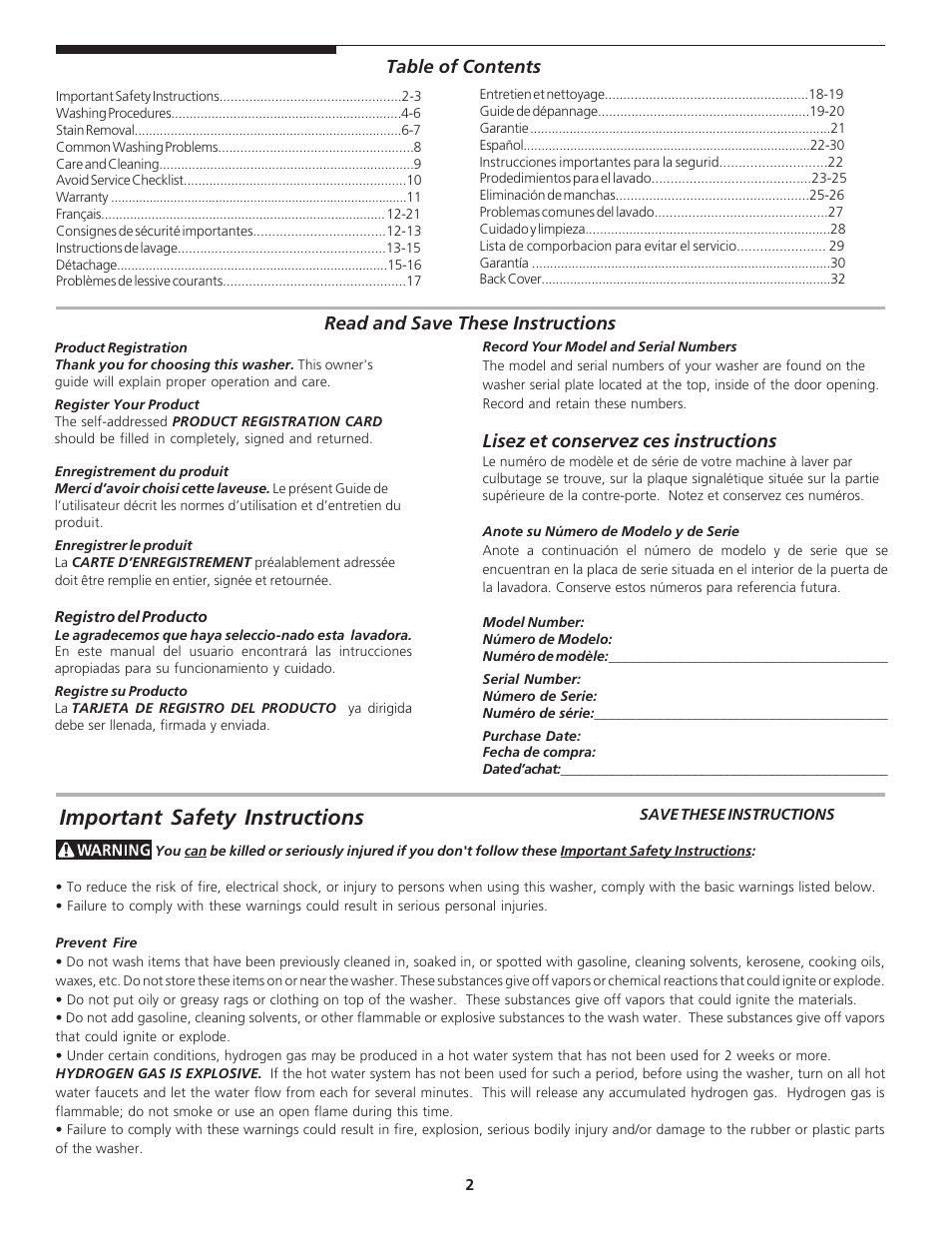 Important safety instructions | FRIGIDAIRE 134837900A User Manual | Page 2 / 11