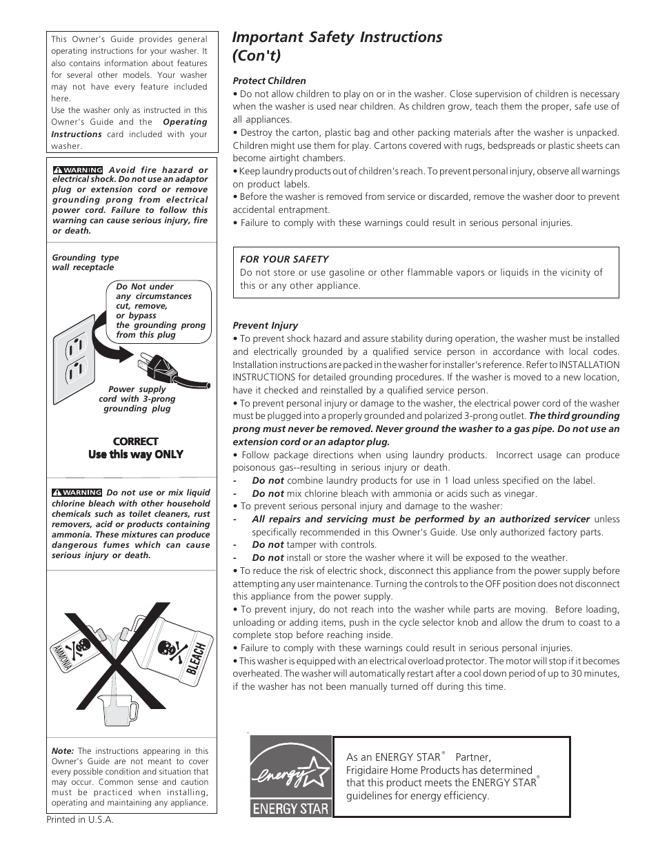 Important safety instructions (con't) | FRIGIDAIRE 134837900A User Manual | Page 3 / 11
