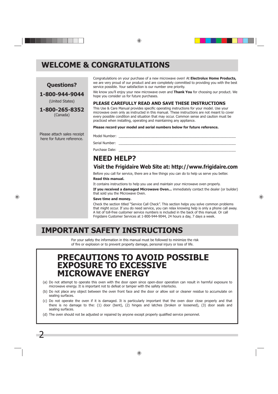 Important safety instructions, Need help | FRIGIDAIRE 316902449 User Manual | Page 2 / 26