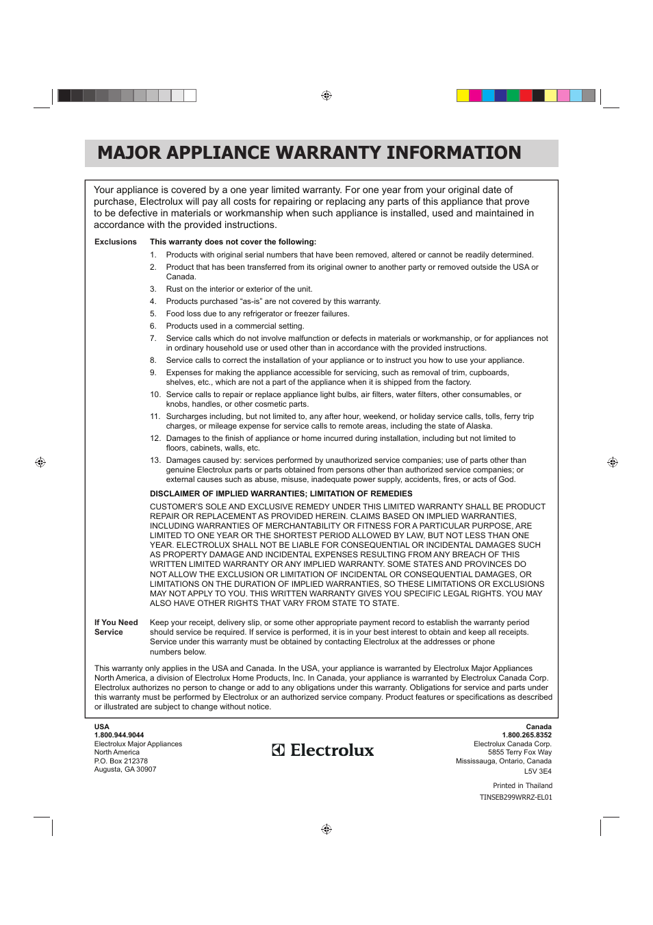 Major appliance warranty information | FRIGIDAIRE 316902449 User Manual | Page 26 / 26