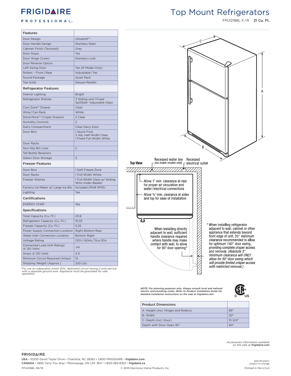 Top mount refrigerators frigidaire professional, Top mount refrigerators | FRIGIDAIRE FPUI2188L F/R1 User Manual | Page 2 / 2