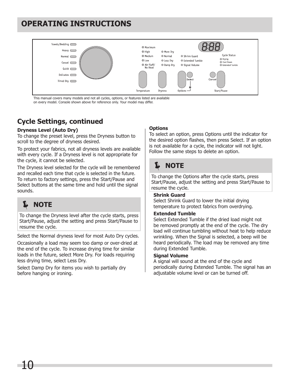 Operating instructions, Cycle settings, continued | FRIGIDAIRE 137118700A User Manual | Page 10 / 17