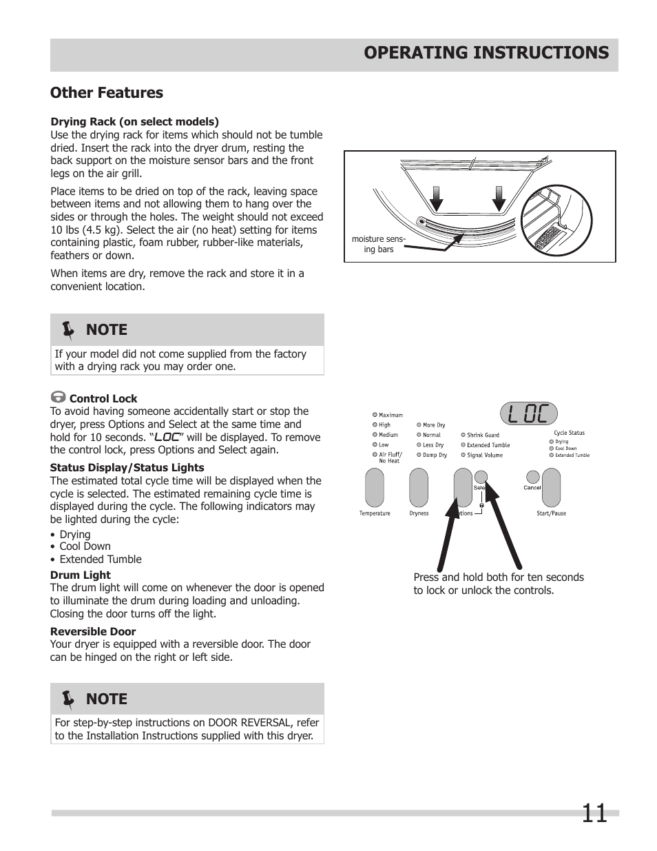 Operating instructions, Other features | FRIGIDAIRE 137118700A User Manual | Page 11 / 17