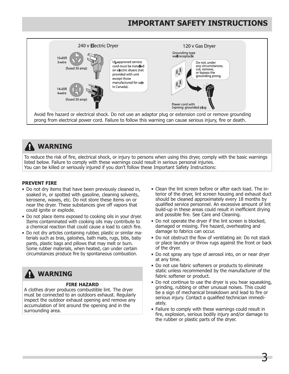 Important safety instructions, Warning | FRIGIDAIRE 137118700A User Manual | Page 3 / 17