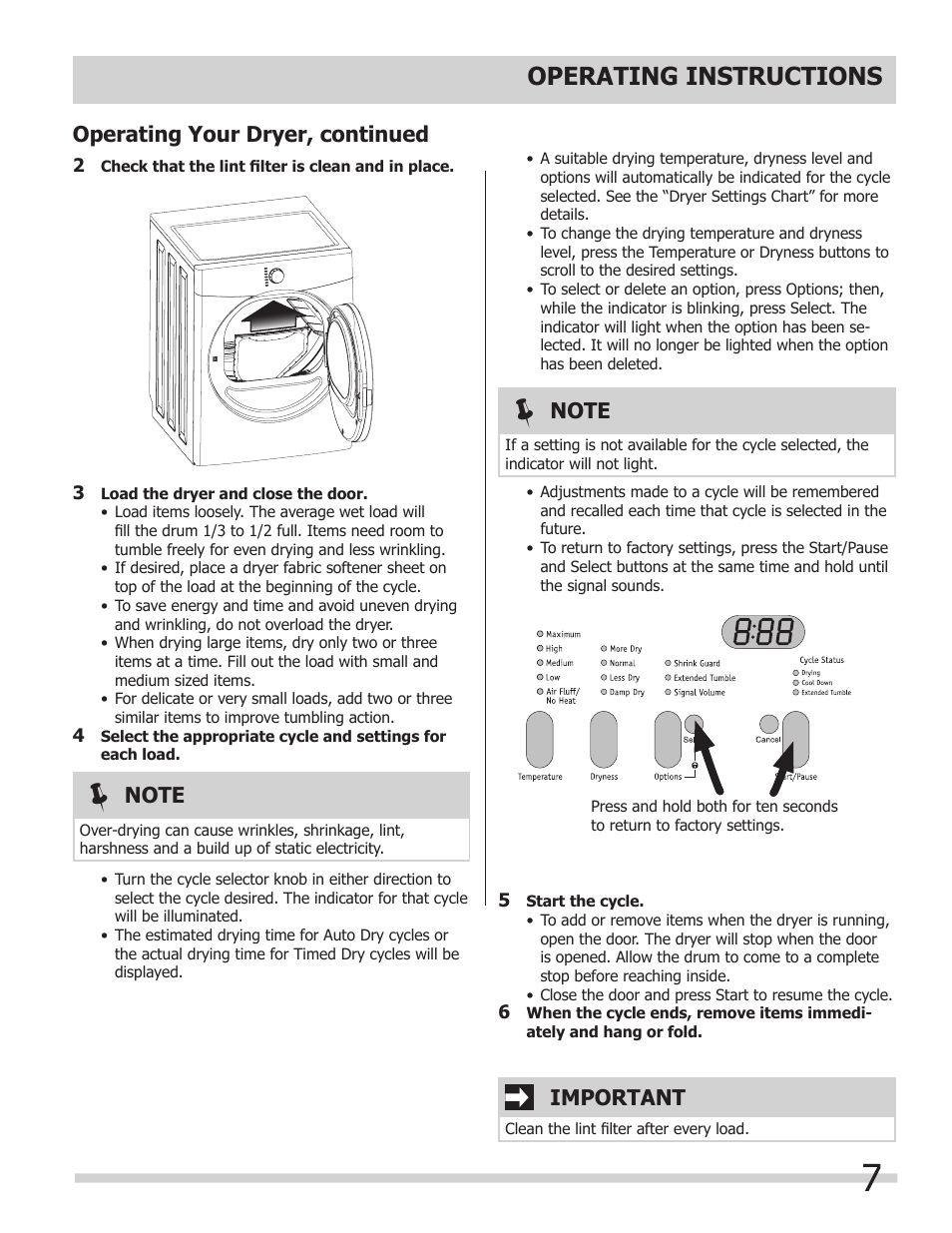 Operating instructions, Important, Operating your dryer, continued | FRIGIDAIRE 137118700A User Manual | Page 7 / 17