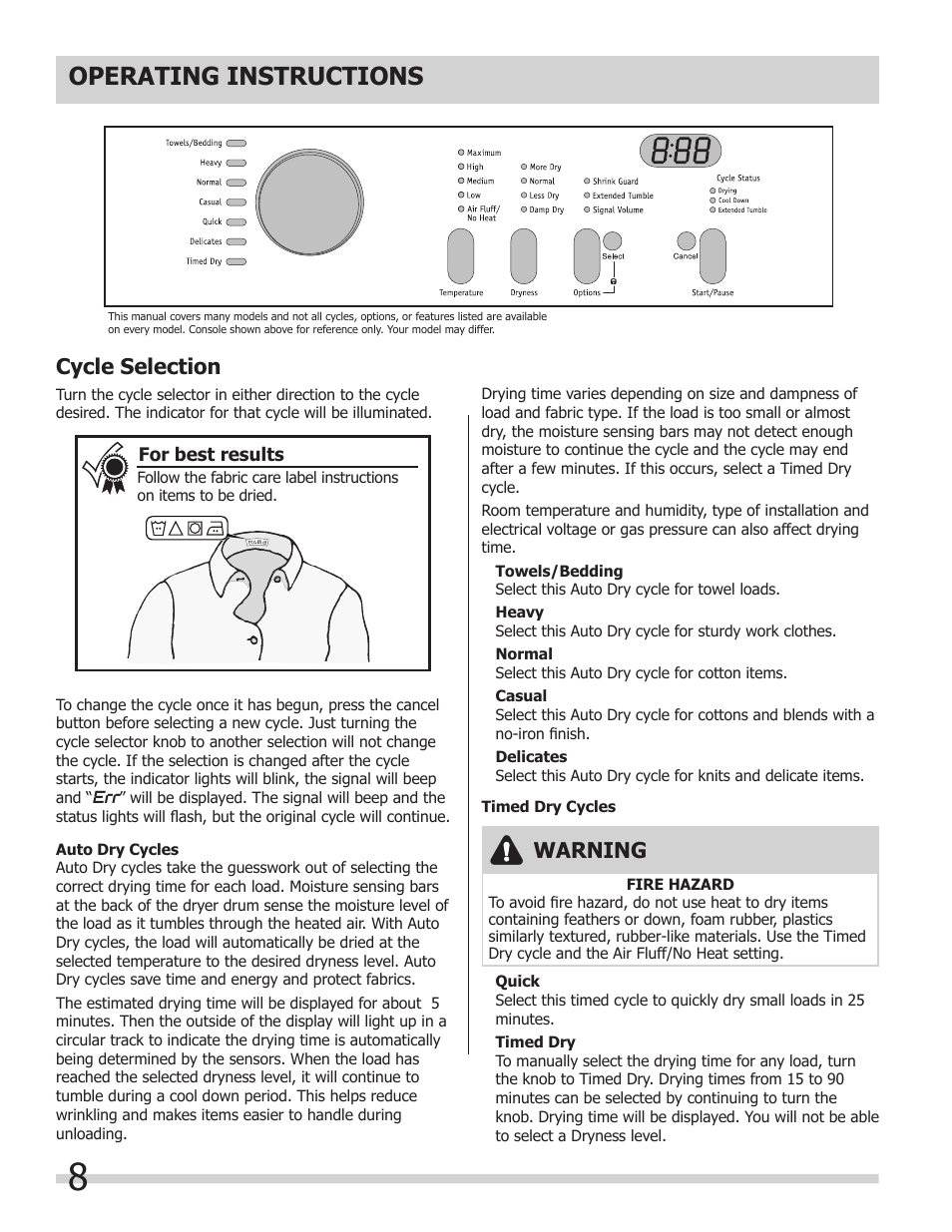 Operating instructions, Cycle selection, Warning | FRIGIDAIRE 137118700A User Manual | Page 8 / 17