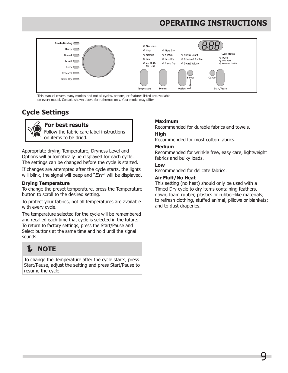 Operating instructions, Cycle settings | FRIGIDAIRE 137118700A User Manual | Page 9 / 17