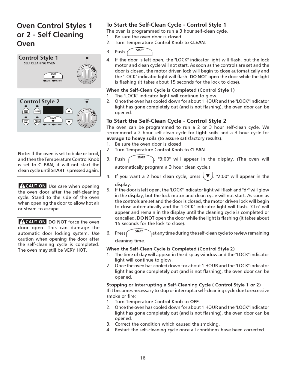 Oven control styles 1 or 2 - self cleaning oven | FRIGIDAIRE pmn User Manual | Page 16 / 24
