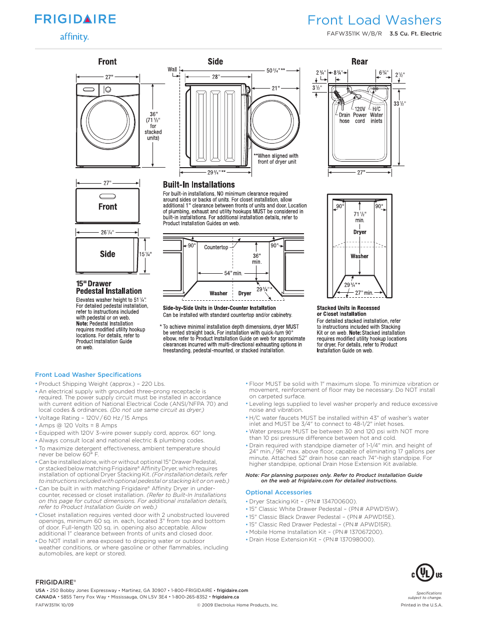 Front load laundry - washer frigidaire affinity, Front load washers | FRIGIDAIRE FAFW3511R User Manual | Page 2 / 2