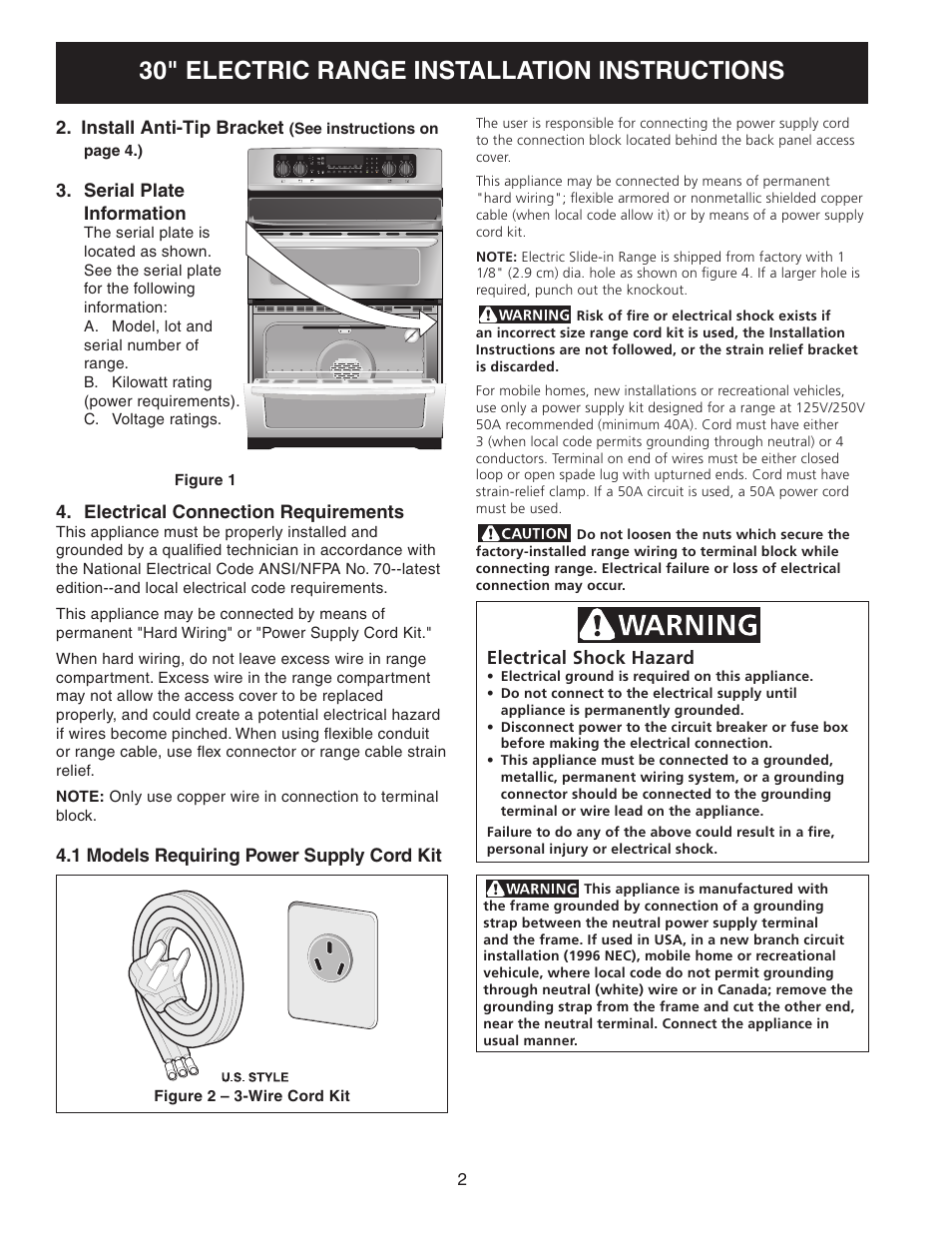 30" electric range installation instructions | FRIGIDAIRE 318201724 User Manual | Page 2 / 12