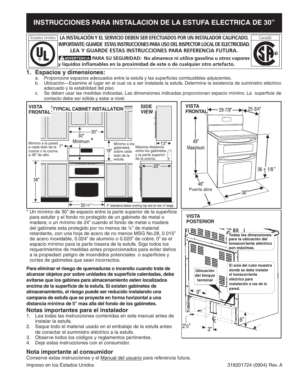 Espacios y dimensiones, Notas importantes para el instalador, Nota importante al consumidor | FRIGIDAIRE 318201724 User Manual | Page 7 / 12
