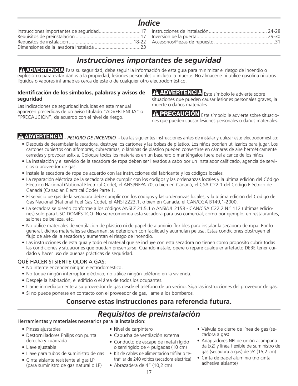 Instrucciones importantes de seguridad, Requisitos de preinstalación, Índice | FRIGIDAIRE 137111500B User Manual | Page 17 / 32