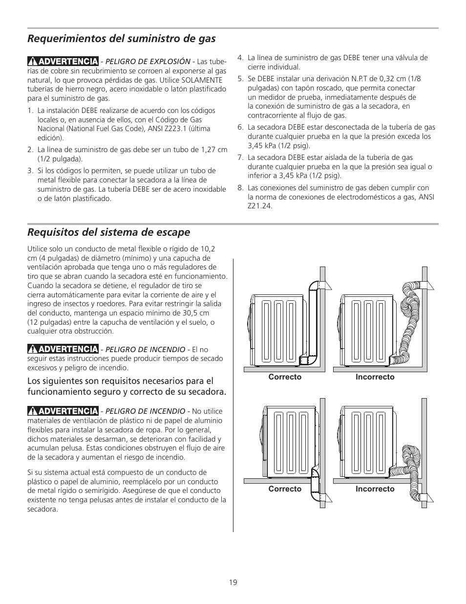Requisitos del sistema de escape, Requerimientos del suministro de gas | FRIGIDAIRE 137111500B User Manual | Page 19 / 32